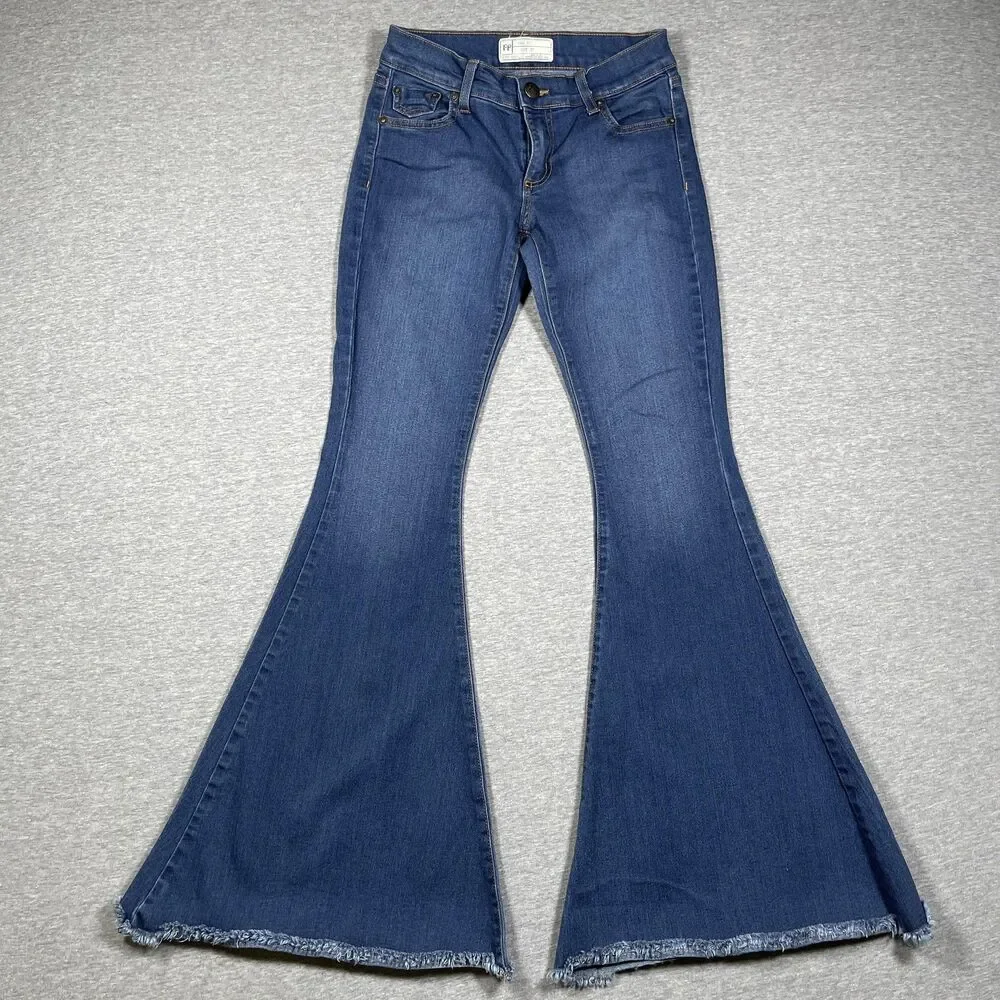 Free People Jeans Womens 27 Blue Flared Distressed Frayed Hem Bell Bottoms Y2K